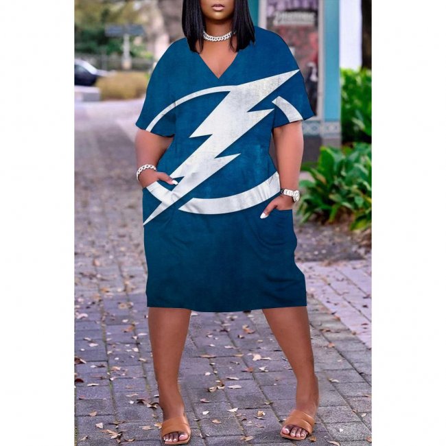 Tampa Bay Lightning Print Fashion Casual V Neck Short Sleeve Dress