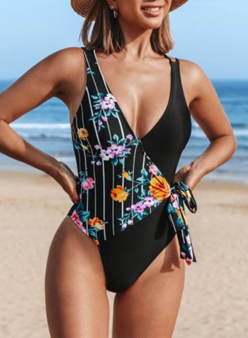 Women's One-Piece Swimsuits One-Piece Bathing Suits Floral Striped V Neck Knot Casual One-Piece Swimsuits One-Piece Bathing Suits