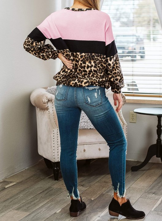 Leopard/Color Block Long Sleeve Round Neck Sweatshirt