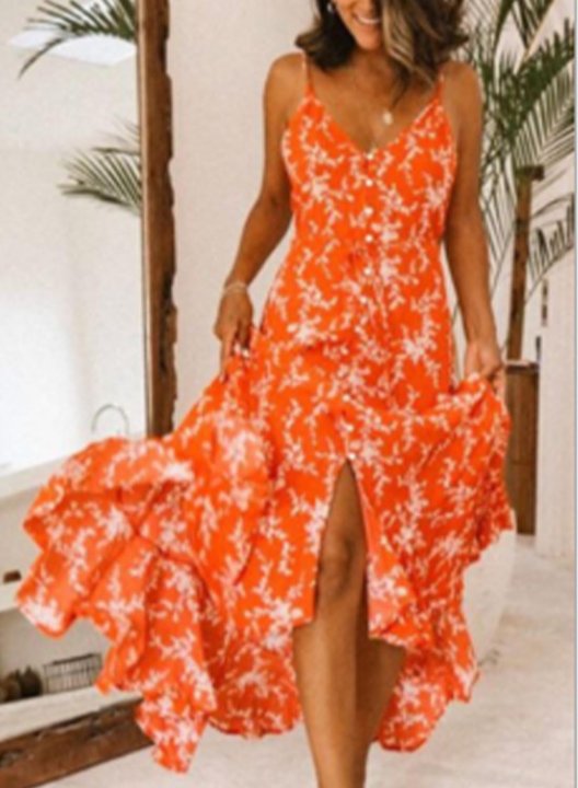 Women's Maxi Dresses Floral Sleeveless Fit & Flare V Neck Criss Cross Ruffle Vintage Maxi Dress