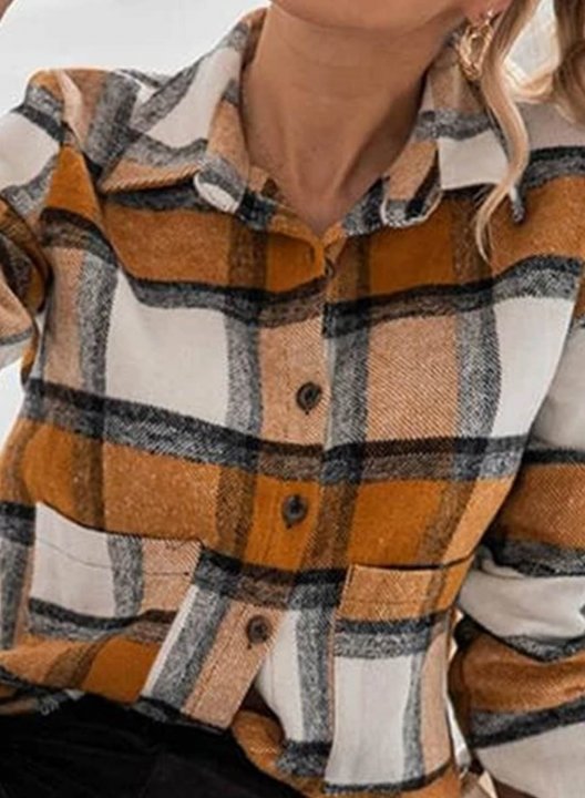 Women's Shirts Plaid Color Block Long Sleeve Turn Down Collar Casual Shirts