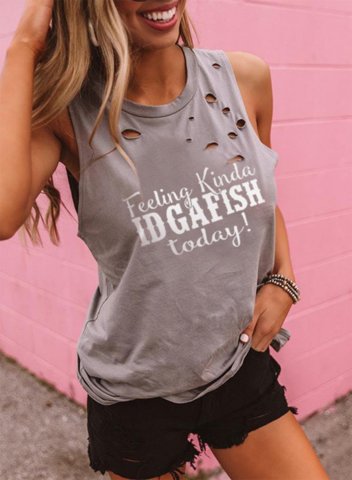 Women's Feeling Kinda IDGAF-ish today Tank Tops Casual Solid Cut-out Letter Summer Sleeveless Round Neck Tops