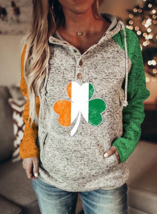 Women's Saint Patrick's Day Hoodies Drawstring Flag Button Long Sleeve Color Block Pocket Hoodies