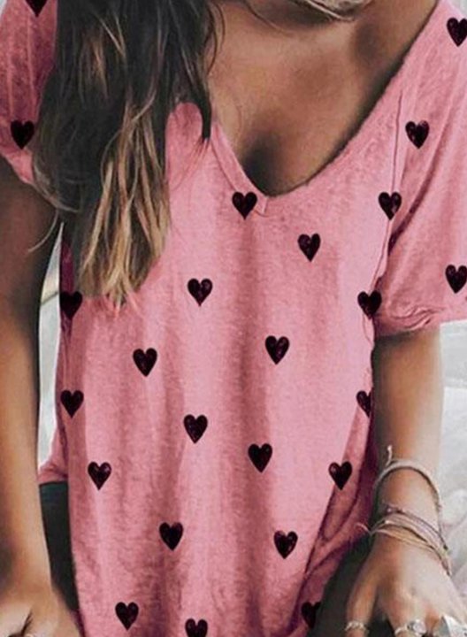 Women's T-shirts Heart Print Short Sleeve V Neck Daily Casual T-shirt