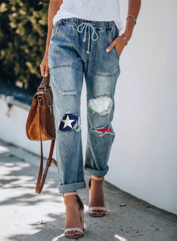Women's Jeans Color Block Texas Flag Star High Waist Daily Pocket Jeans
