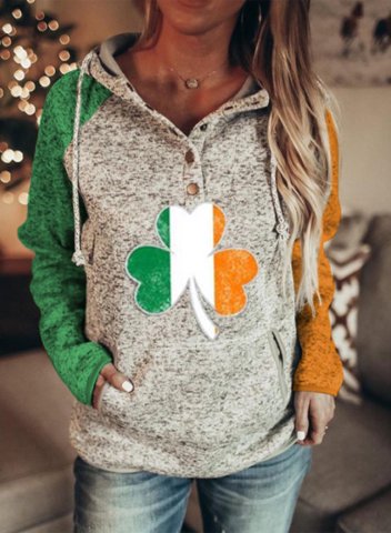 Women's Saint Patrick's Day Hoodies Drawstring Flag Button Long Sleeve Color Block Pocket Hoodies