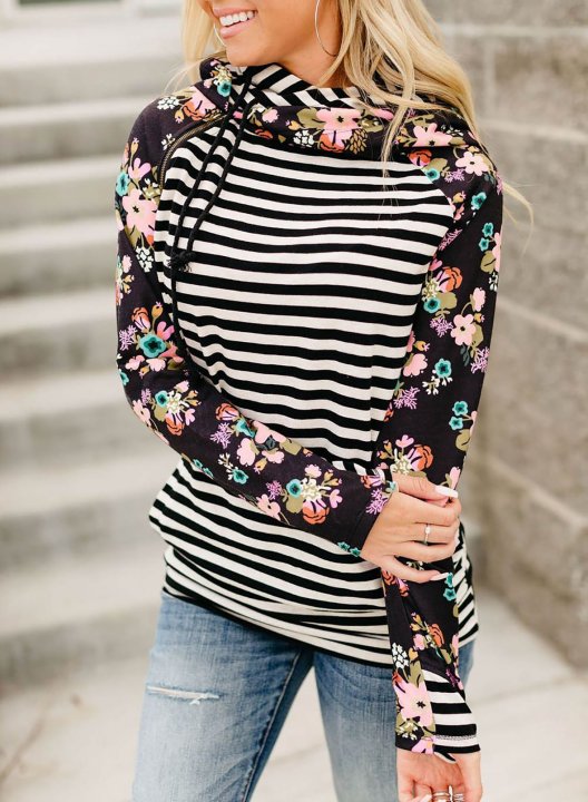 Floral-Print Paneled Striped Pocket Hoodie