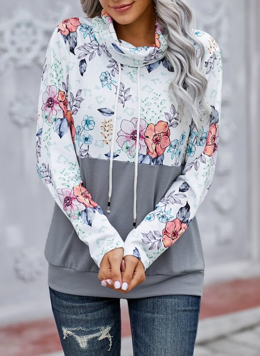 Color Block Long Sleeve High Neck Floral Sweatshirt