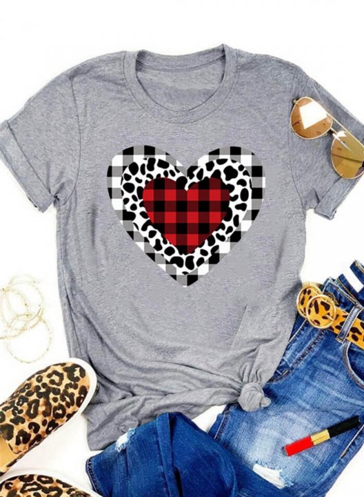 Women's T-Shirt Casual Plaid Leopard Heart-shaped Solid Round Neck Short Sleeve Daily T-shirts