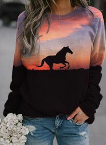 Women's Pullovers Casual Horse Color Block Round Neck Long Sleeve Daily Pullovers