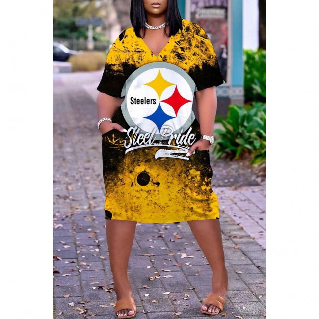 Pittsburgh Steelers Print Fashion Casual V Neck Short Sleeve Dress