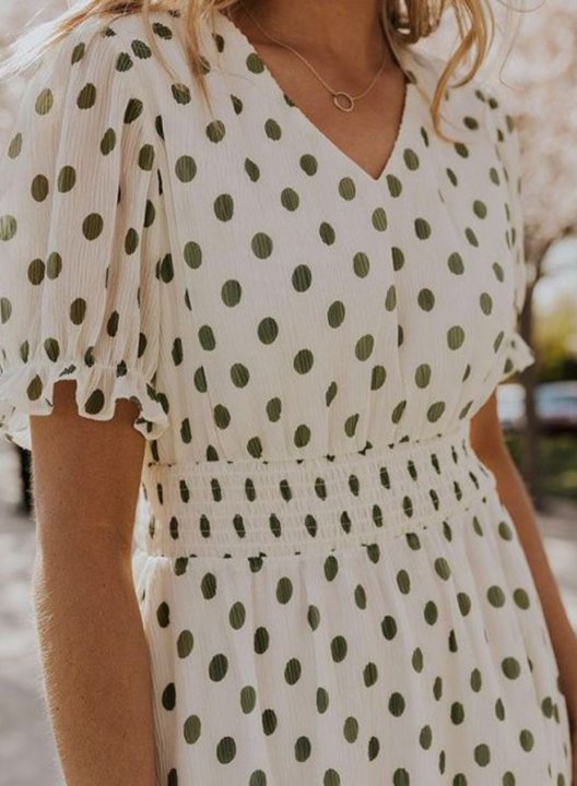 Women's Midi Dresses Polka Dot Short Sleeve V Neck Dress