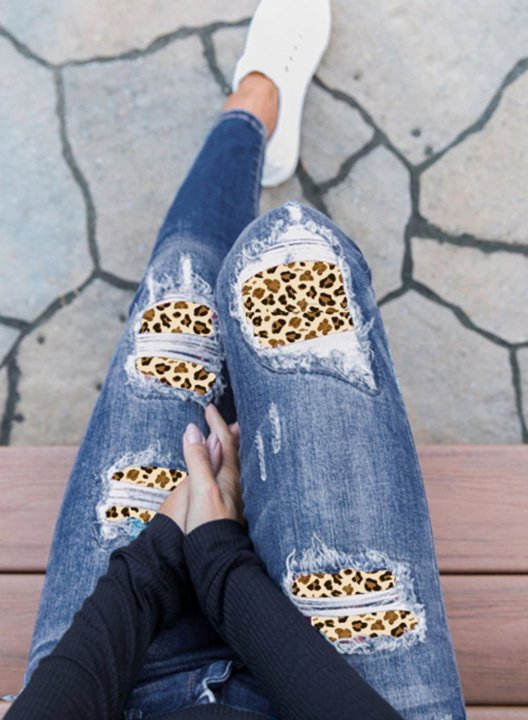 Women's Jeans Slim Leopard Mid Waist Full Length Casual Ripped Jeans