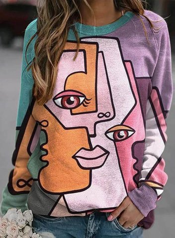 Women's Abstract Art Face Sweatshirt Casual Color Block Round Neck Long Sleeve Daily Pullovers