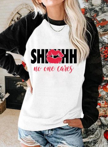 Women's Funny Shirt - Shhh No One Cares Lips Print Color Block Letter Long Sleeve Round Neck Casual T-shirt