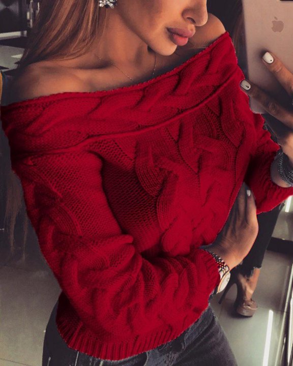 Women's Off Shoulder Long Sleeve Knit Sweater