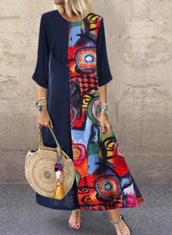 Women's Dress Abstract Multicolor Fit & Flare 3/4 Sleeve Round Neck Casual Vintage Daily Date Maxi Dress