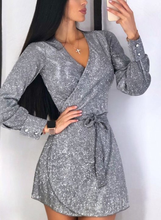 Women's Dress Solid Belt V Neck Party Festival Long Sleeve Elegant Mini Dress