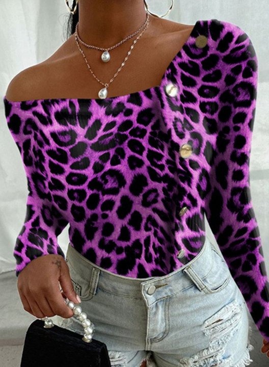 Women's Sweatshirts One shoulder Long Sleeve Leopard Button Casual Sweatshirts