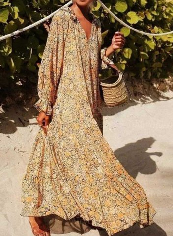 Women's Maxi Dresses Floral Long Sleeve Flare V Neck Dress