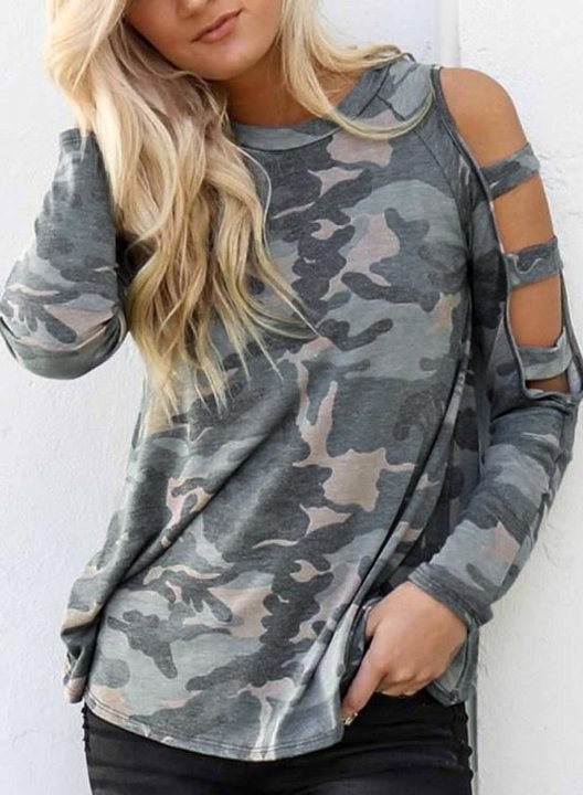 Camo Round Neck Long Sleeve Cut-out Cold Shoulder Sweatshirt