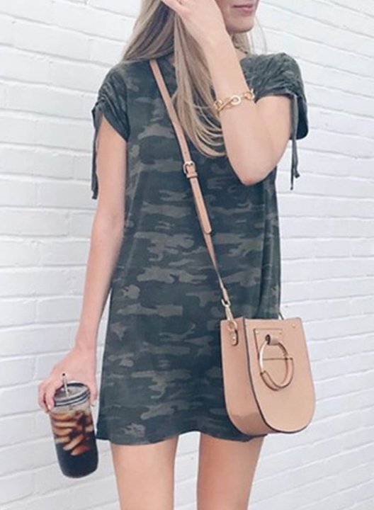 Women's Mini Dresses Camouflage Short Sleeve Round Neck Drawstring Casual Mini Dress