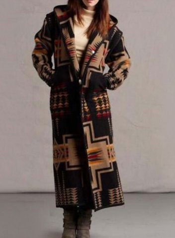 Women's Coats Color Block Tribal Long Sleeve Hooded Casual Buttons Maxi Coat