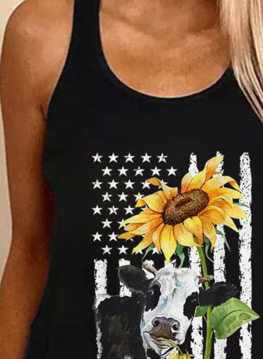 Women's Tank Tops Sunflower Cow American Flag Top
