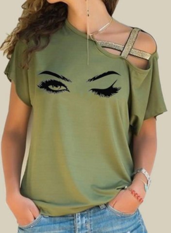 Women's T-shirts Beauty Portrait Sequin Solid Asymmetrical Neck Short Sleeve Summer Daily T-shirts