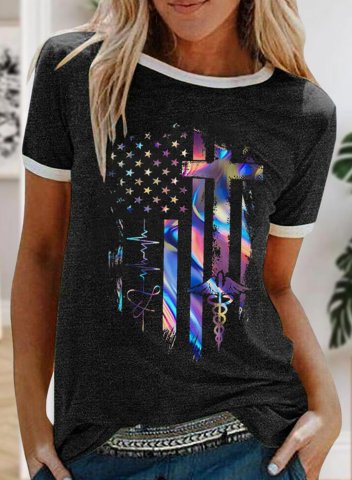 Women's T-shirts Solid American Flag Short Sleeve Round Neck Casual Daily T-shirts