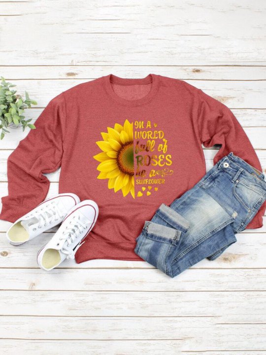 Sunflower Print O-neck Long Sleeves Casual Sweatshirt