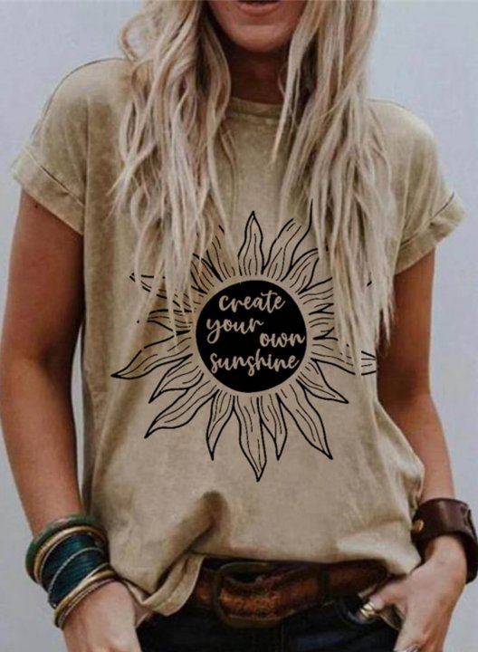 Women's T-shirts Sunflower Letter Print Short Sleeve Round Neck Daily T-shirt