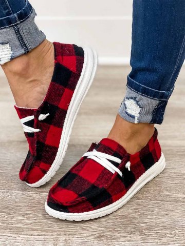 Women's Buffalo Plaid Slip Sneakers Lace Up Round Toe Flat Shoes