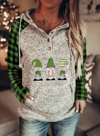 Women's Saint Patrick's Day Hoodies Drawstring Plaid Button Long Sleeve Color Block Pocket Hoodies