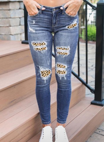 Women's Jeans Slim Leopard Mid Waist Full Length Casual Ripped Jeans
