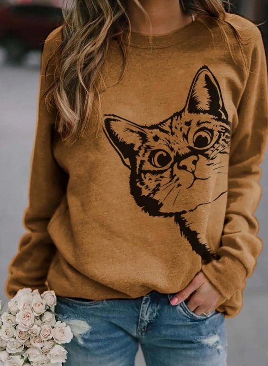 Solid Cat Print Round Neck Long Sleeve Sweatshirt