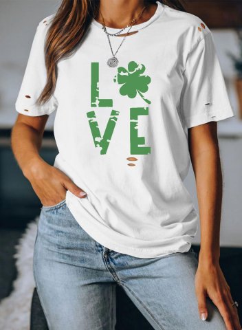 Women's St patrick's day T-shirts Letter Love Shamrock Print Solid Cut-out Round Neck Short Sleeve Daily Casual T-shirts