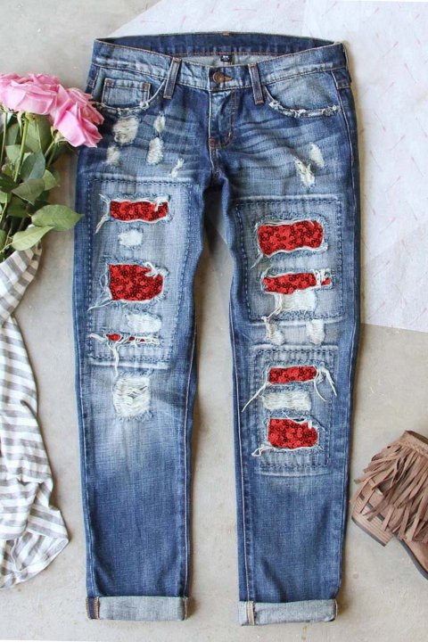 Women's Ripped and Distressed Jeans Solid Mid Waist Straight Ankle-length Sequin Cut-out Casual Jeans