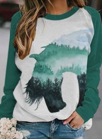 Women's T-shirts Color Block Horse Long Sleeve Round Neck Daily T-shirt