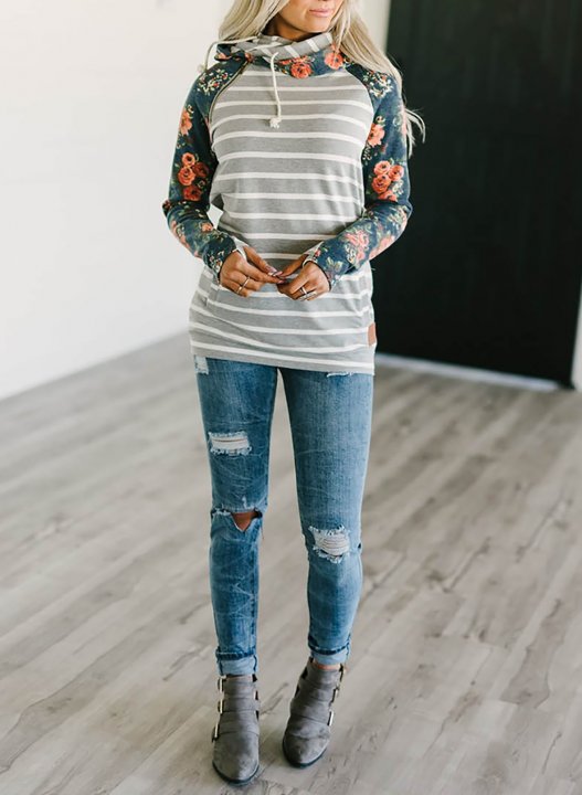 Floral-Print Paneled Striped Pocket Hoodie