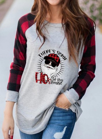 Women's Sweatshirts Christmas Plaid There's some Ho's in the House Print Long Sleeve Round Neck Shirt