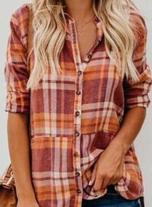 Women's Shirts Plaid Color Block Long Sleeve Turn Down Collar Casual Shirts