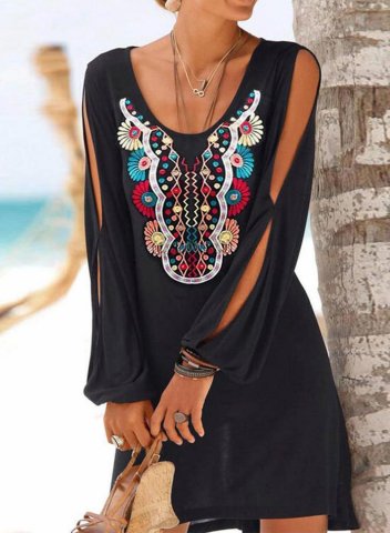 Women's Mini Dress Tribal A-line U Neck Long Sleeve Summer Boho Beach Mini Dress