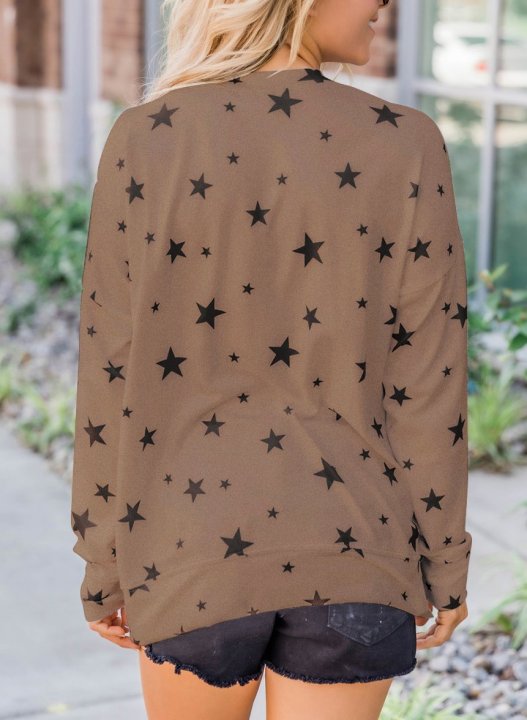 Women Star Print Long Sleeve Round Neck Tunics