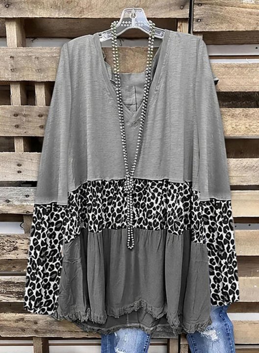 Women's Pullovers Color Block Leopard Long Sleeve V Neck Tunic Pullover