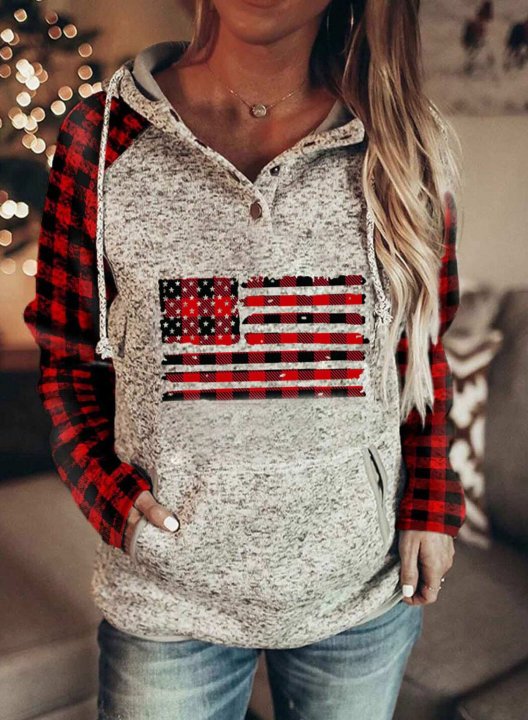 Women's Hoodies Color-block Plaid Flag Print Long Sleeve Pocket Hoodie