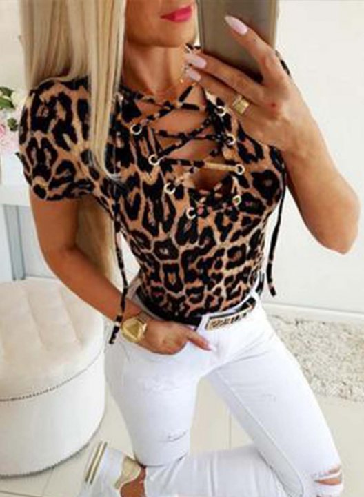 Women's T-shirts Leopard Slim Criss Cross Solid V Neck Short Sleeve Casual T-shirts