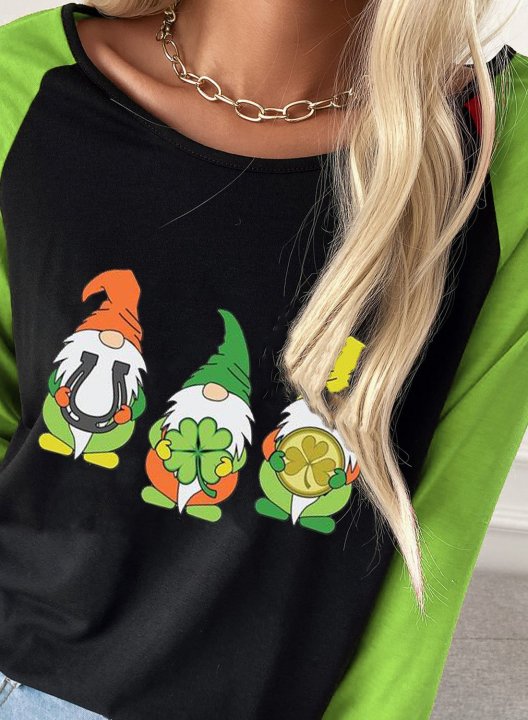 Women's Cute St Patricks Day Gnome T-shirts Graphic Print Long Sleeve Round Neck Daily T-shirt