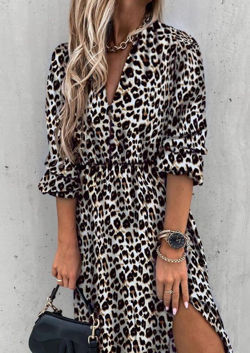 Women's Leopard Spilt Maxi Dress Ruffled Slit Elastic Cuff Casual Dress
