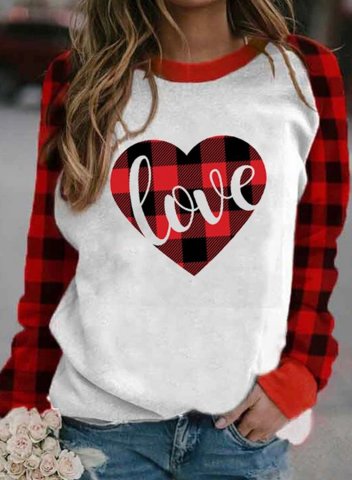 Women's Sweatshirt Plaid Heart Love Print Long Sleeve Round Neck Sweatshirt